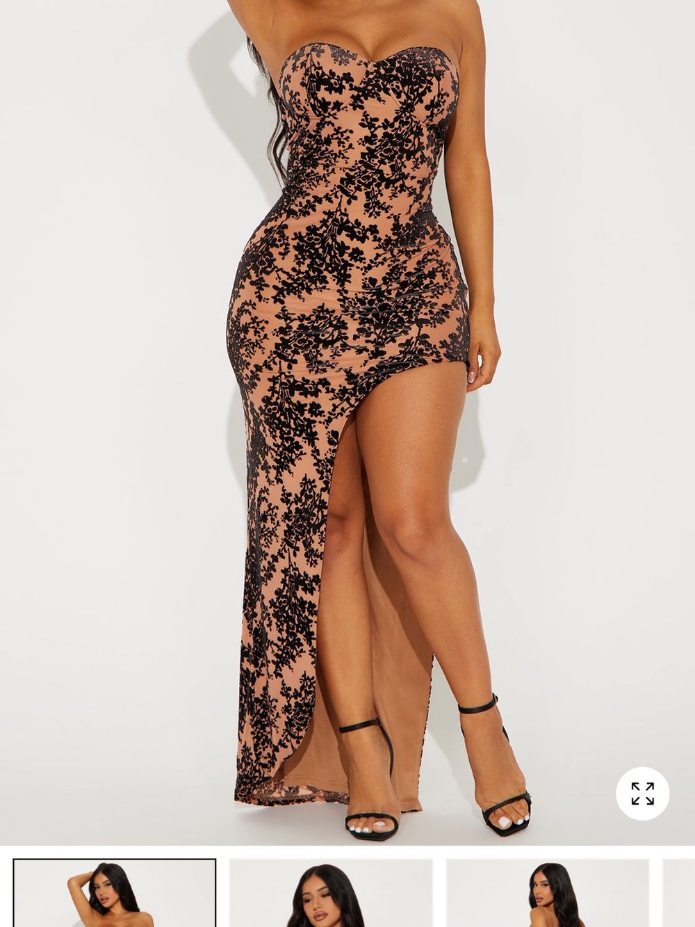 Fashion Nova Strapless Nude with Black Floral Lace High-Low Gown